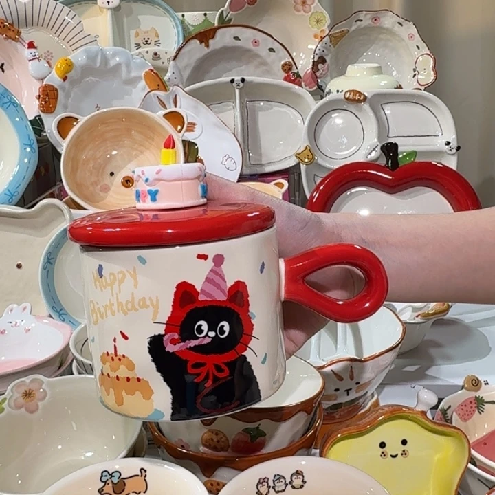 陶瓷小蛋糕猫咪水杯带盖1