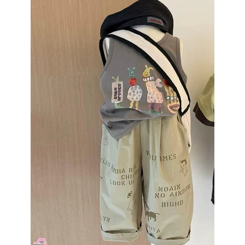 韩版童装男童套装2025夏装新款帅气时髦印花背心t恤帅气工装裤潮