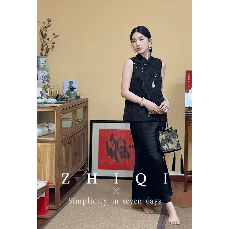 ZHIQI/止观七【幽檀】新中式刺绣珠片马甲+醋酸黑色吊带裙套装现货