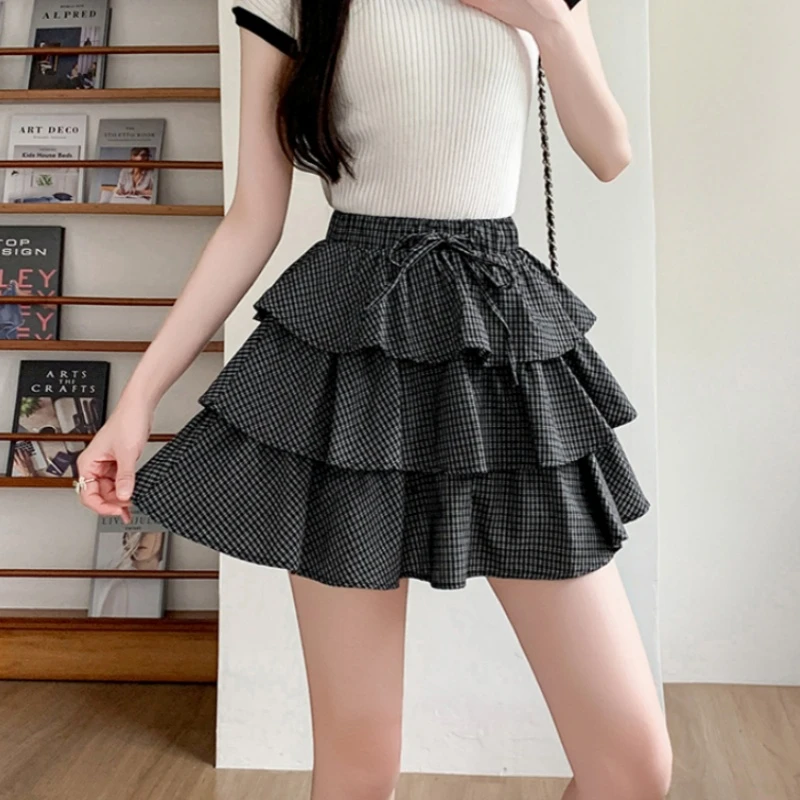 时尚抽绳格子蛋糕裙女夏季新款百搭高腰A字蓬蓬半身裙松紧腰短裙