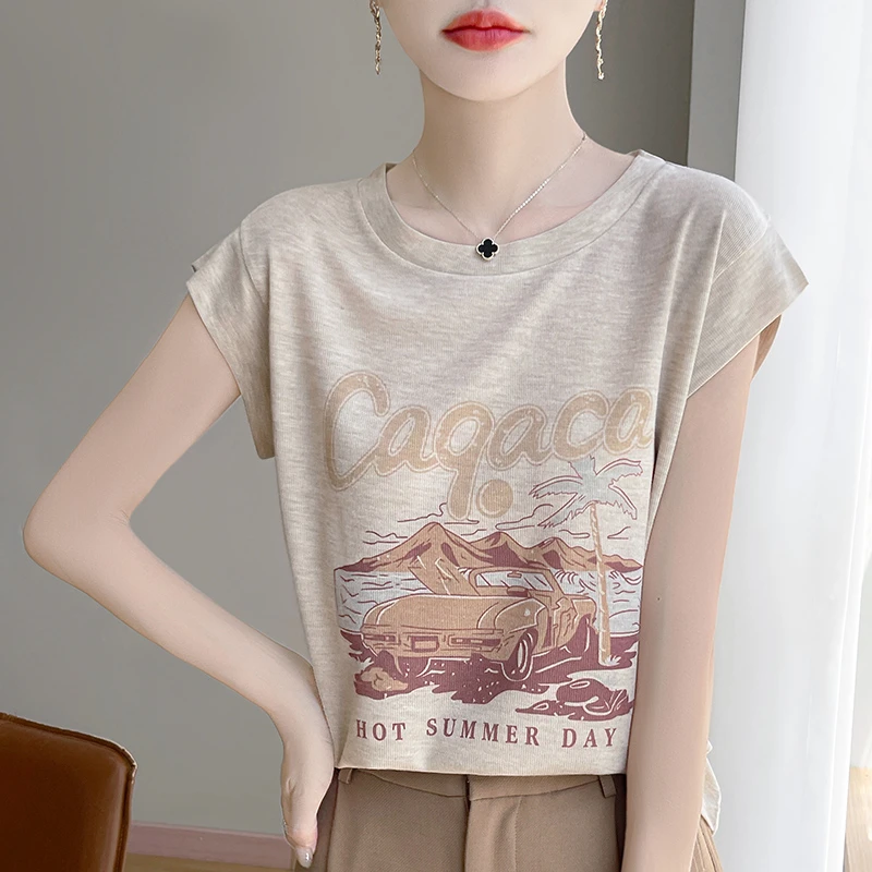 夏季短袖常规天丝小飞袖女宽松毛针织衫休闲洋气薄款莫奈花园风