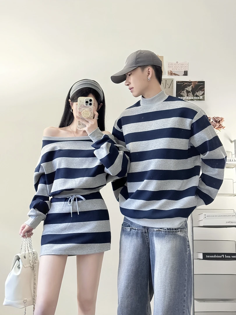 情侣装秋季宽松休闲港风条纹套头法式INS风时没尚套装男卫衣