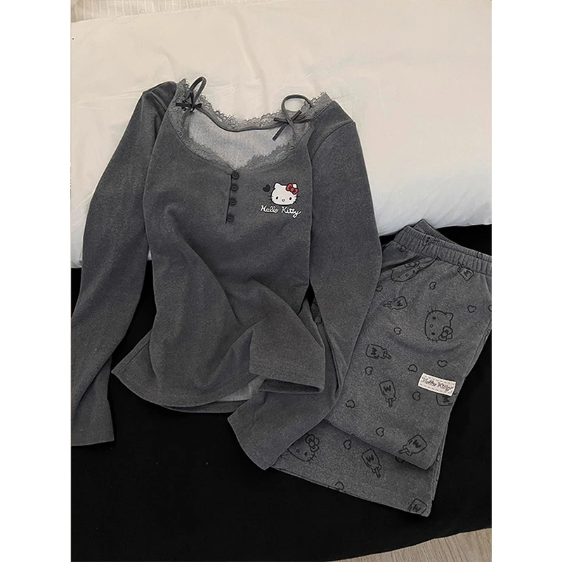 德绒加厚保暖睡衣女秋冬款长袖长裤拼接KT猫宽松大码慵懒风家居服