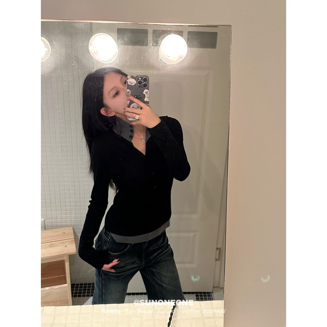 SUNONEONE 假两件针织衫女秋设计感小众修身套头高领打底衫H0691Z