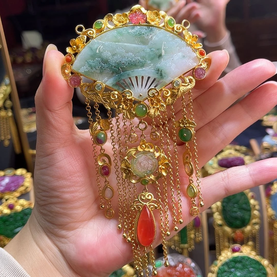 吊坠(不含链)银S925镀金镶嵌翡翠多宝山水画吊坠