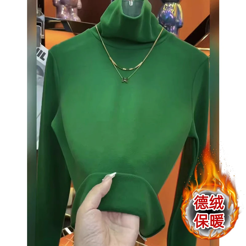秋冬季新款高领双面德绒打底衫女士正肩纯色长袖T恤软糯百搭上衣