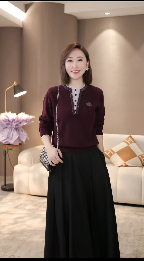 【双姐】中年女装毛衣常规假两件撞色刺绣百搭圆领长袖JH11549