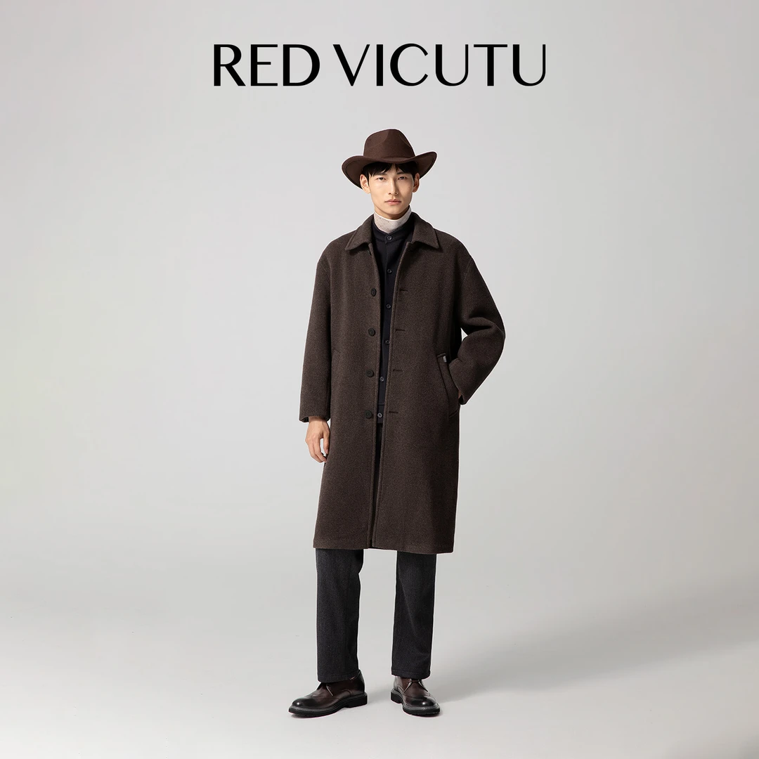 威可多2025秋冬毛呢大衣男士绵羊毛商务百搭长款外套时尚休闲翻领