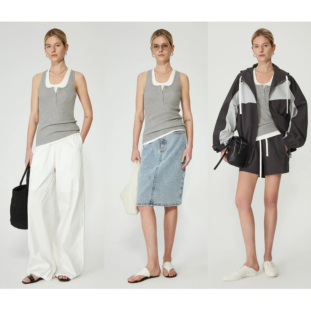 开间/春夏B入 弹力罗纹针织棉时髦撞色佰搭纽扣亨利领两件式背心