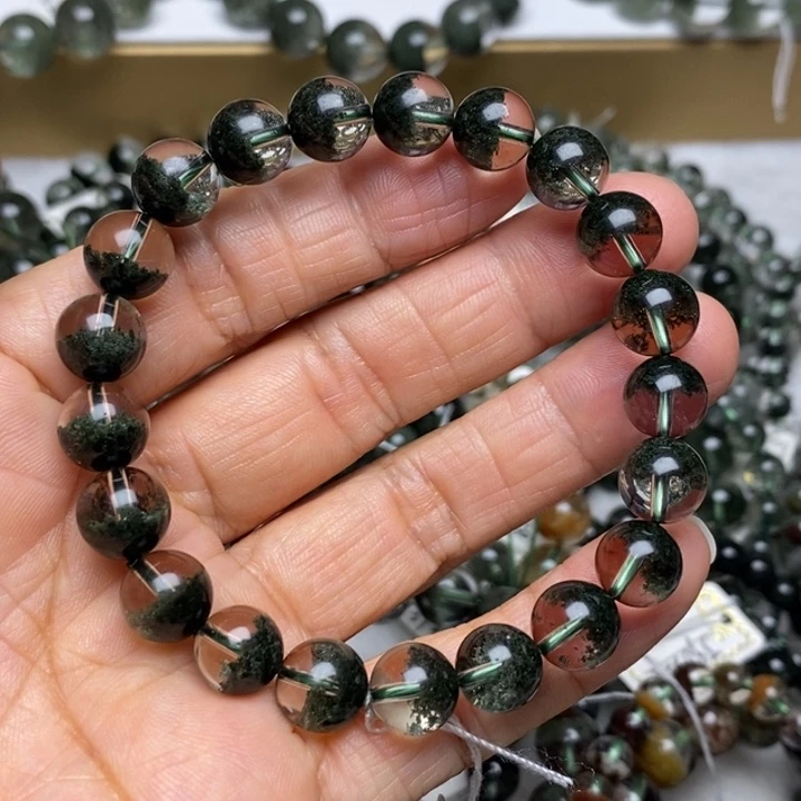 水晶手链未镶嵌Q902268天然绿幽灵墨绿聚宝盆高透体9+