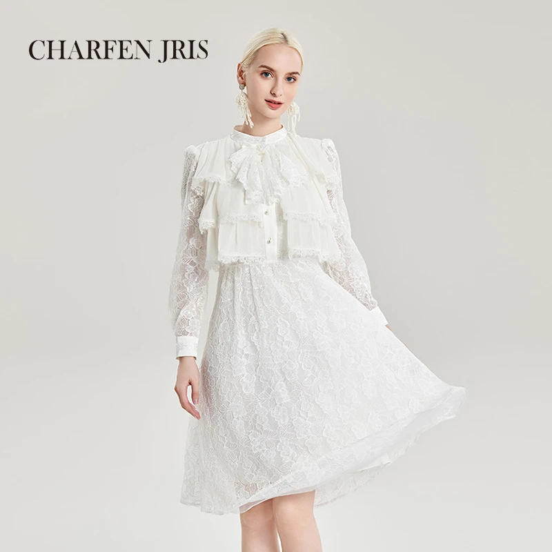 【媛媛专享】朝峰新款白色法式珠片蕾丝连衣裙FJE3A609-6012G