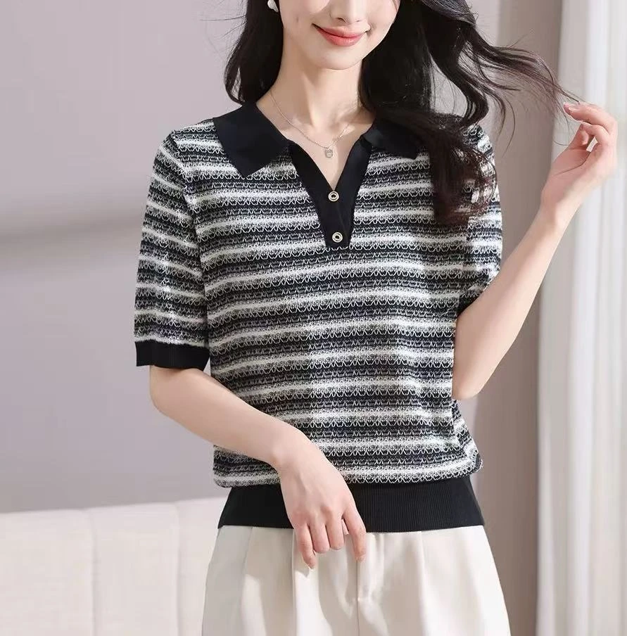 （欧货V领）2025夏季新款时尚百搭宽松精致POLO领天丝短袖女士气质