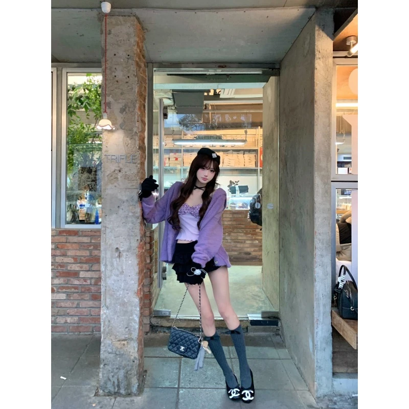 温柔风宽松毛衣外套秋冬内搭木耳边吊带背心时髦休闲显瘦短裙套装