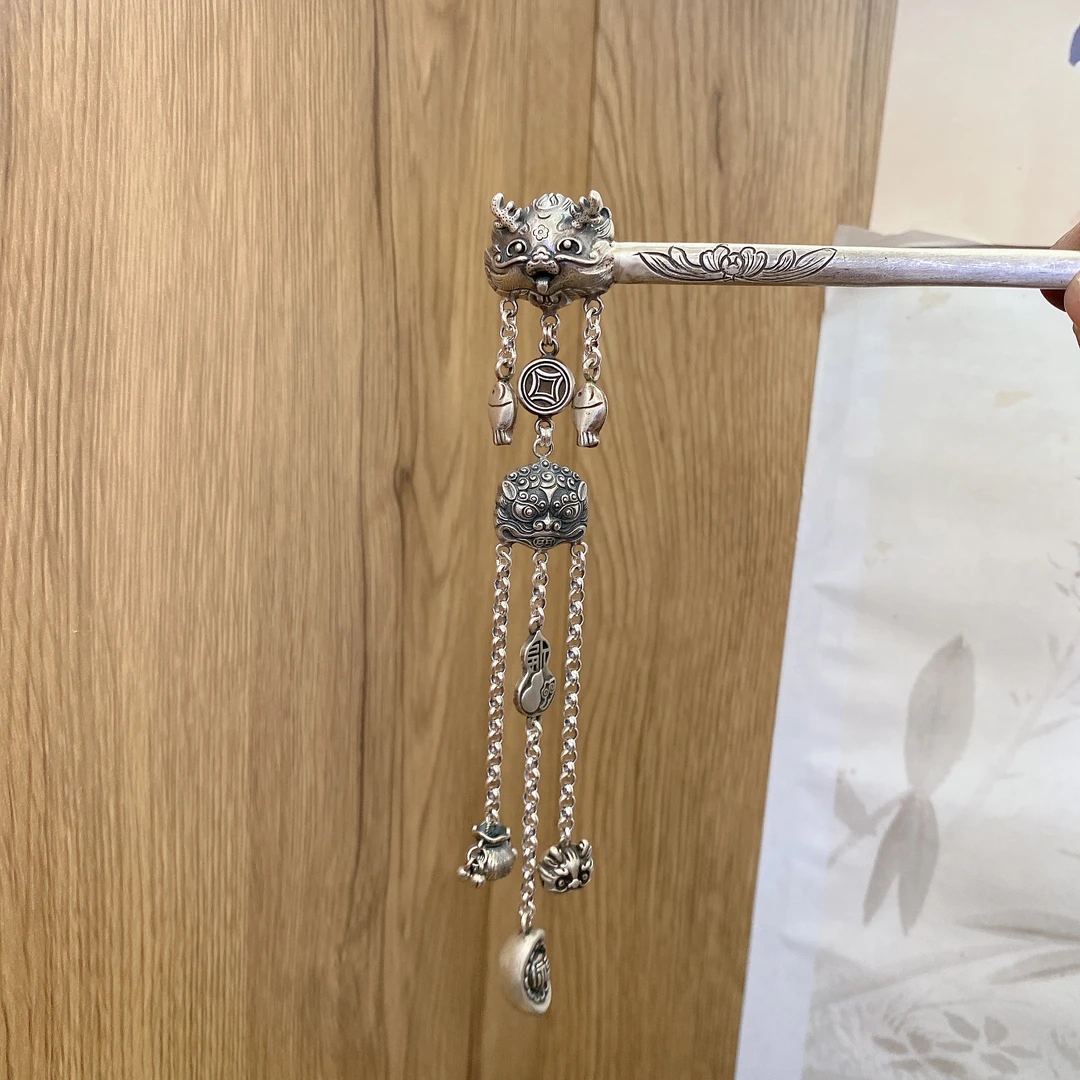 足银银制品 英英手工錾刻银发簪