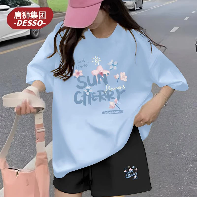 唐狮集团desso纯棉运动套装女款短袖短裤两件套宽松夏季T恤五分裤