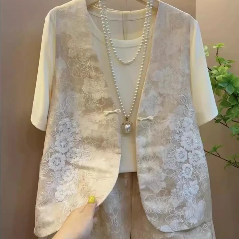 大码女装2025夏季新款新中式国风盘扣提花马甲套装三件套显瘦胖mm