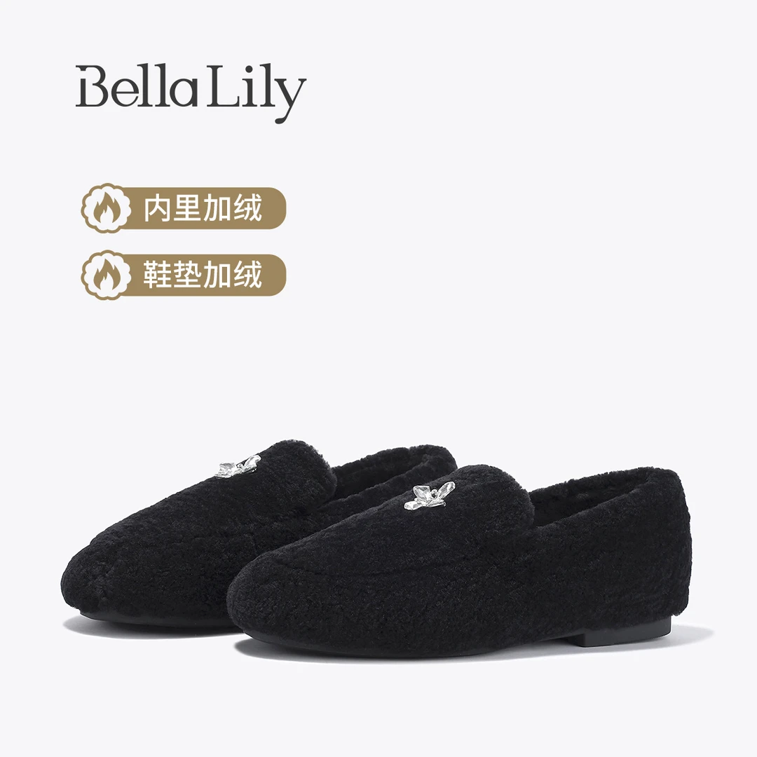 BellaLily2025冬季新款羊毛加绒乐福鞋女一脚蹬懒人单鞋保暖棉鞋
