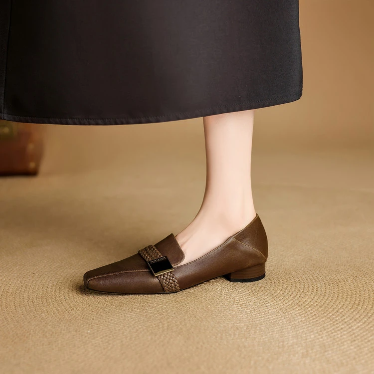 软羊皮~2.5cm方头低跟乐福鞋女英伦风粗跟深口单鞋可踩后跟软底鞋