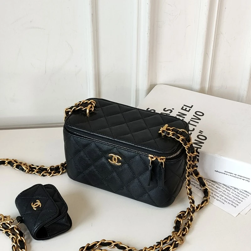95新 Chanel/香奈儿 Azul-23A黑金荔枝皮子母化妆长盒斜挎包49911
