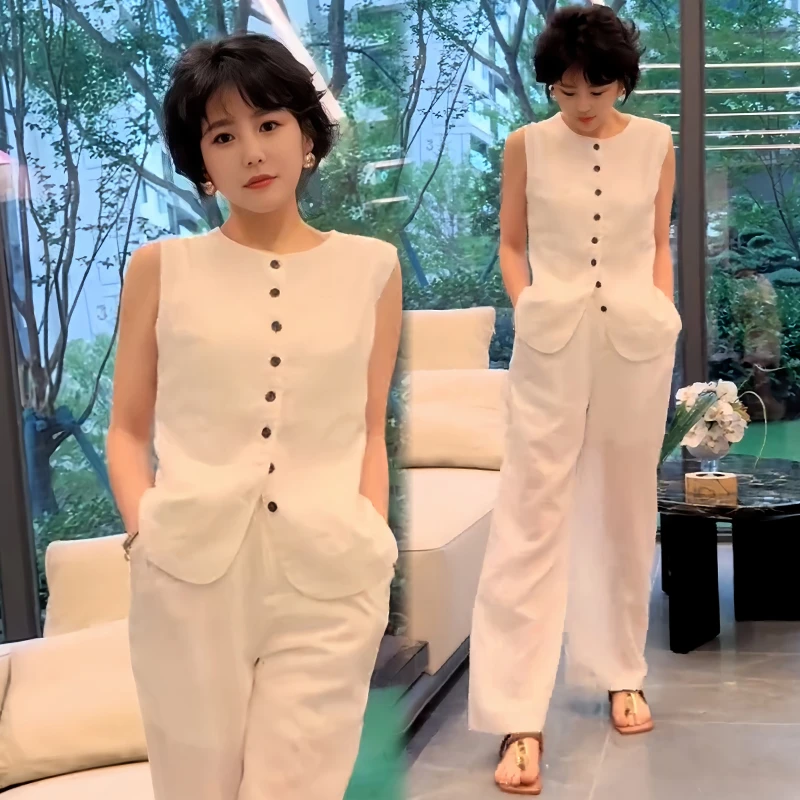 休闲小众高级感套装女2025夏季新款通勤百搭无袖上衣阔腿裤两件套