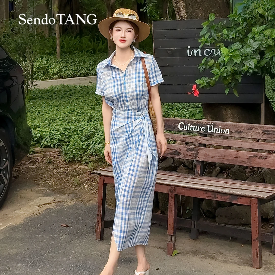 显白格子裙【长岛唱片】胖多女装夏季新款休闲气质时尚百搭连衣裙