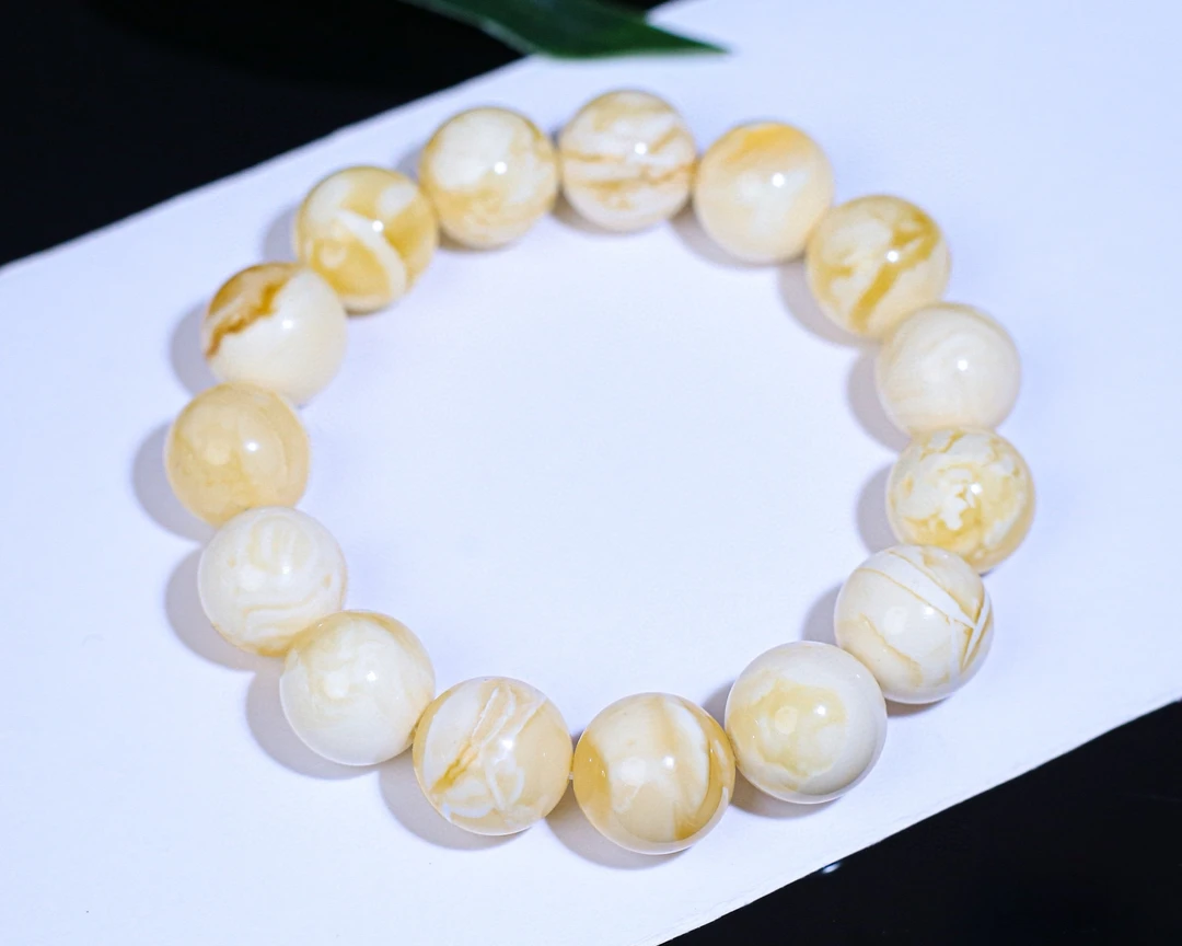 21.7 14+mmO琥珀蜜蜡俄料白花蜡圆珠手串 花纹好看 蜡质浓郁