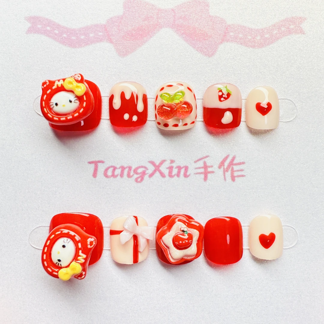 【旋转KT猫】小朋友2-9岁纯手工穿戴甲可重复佩戴美甲贴