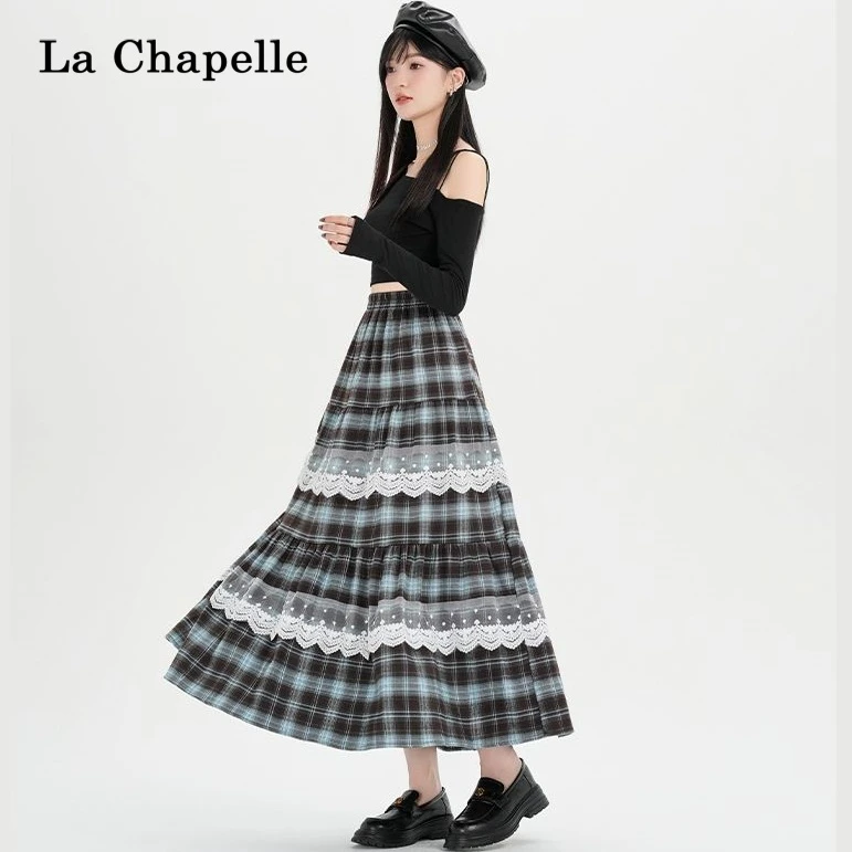 拉夏贝尔复古时尚高腰A字撞色格子半身裙女秋季新款蕾丝边蛋糕裙