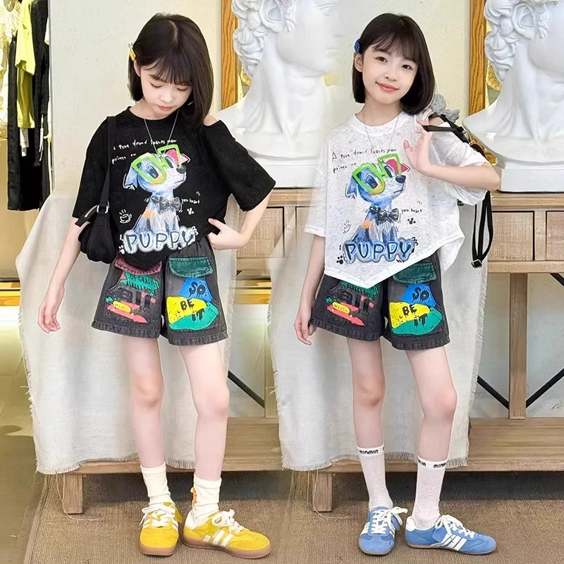 女童短袖套装2025夏季新款中大童洋气t恤夏装儿童牛仔短裤两件套