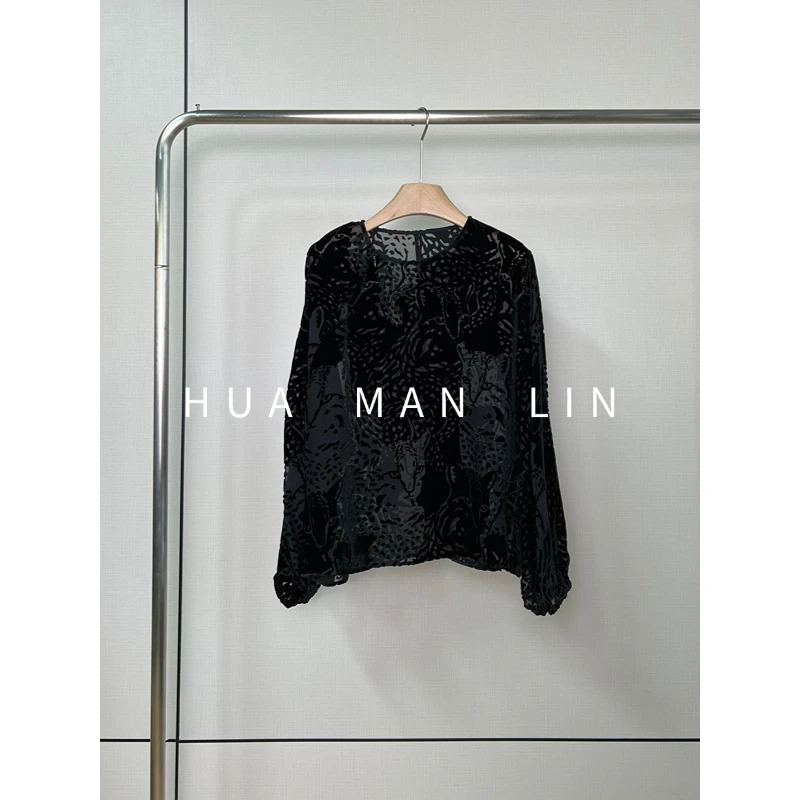 【花满林】圆领斜侧拉链烧花桑蚕丝丝绒黑色上衣253018