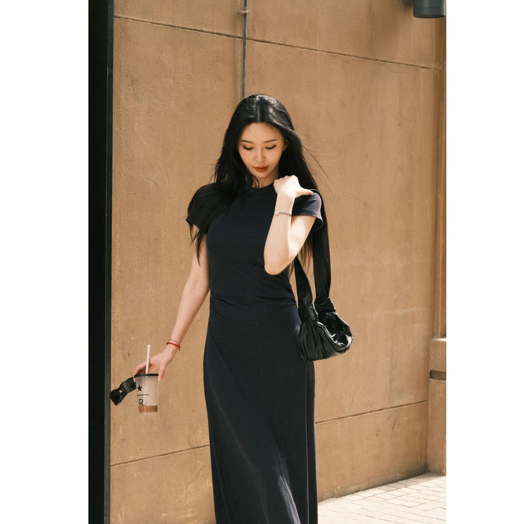 菠萝宝宝yuna【夏日暮野】亚麻莱赛尔天丝藏青色弹力包容连衣裙YF25