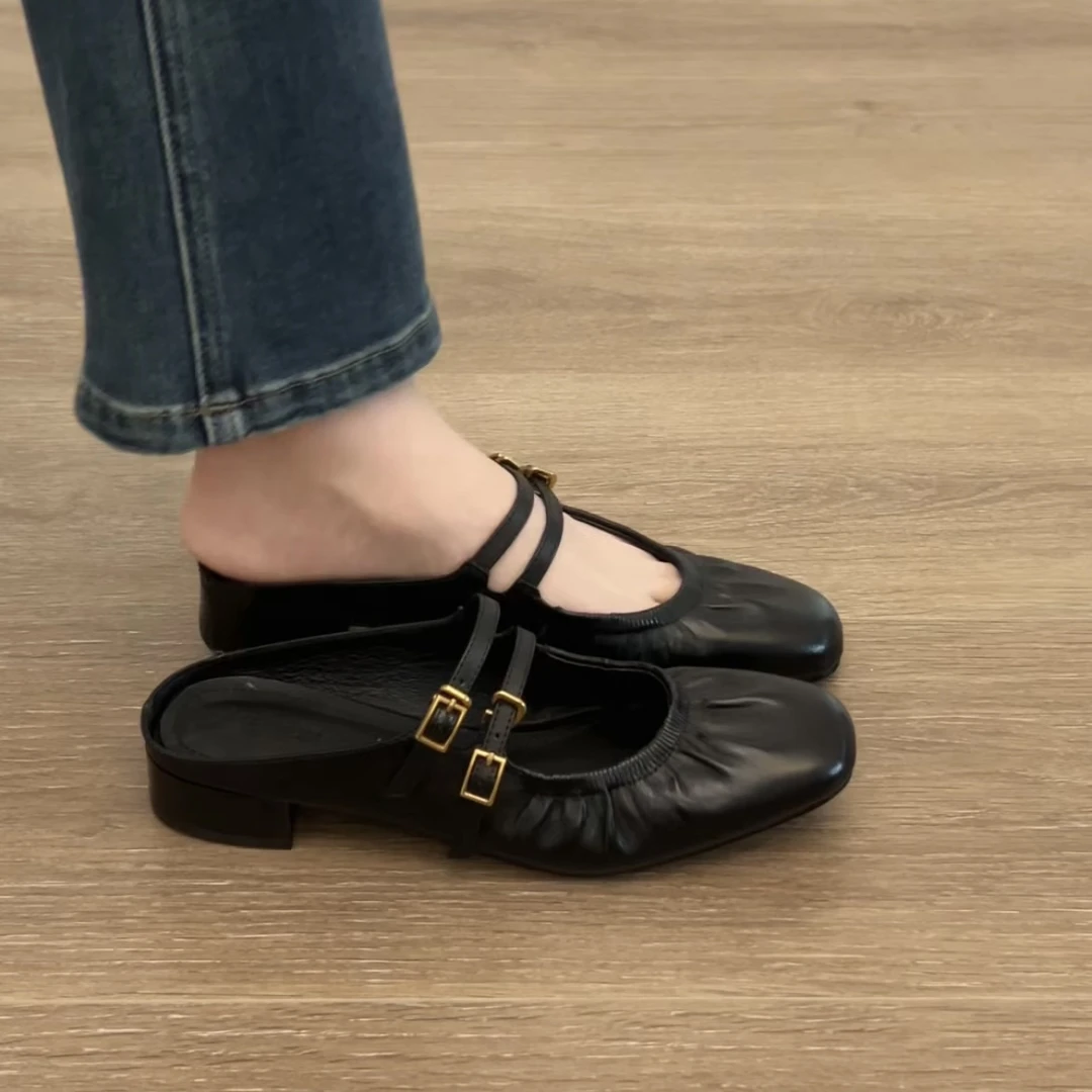 Dannyfrey法式小众牛皮褶皱皮带扣复古外穿穆勒拖鞋时尚女凉鞋