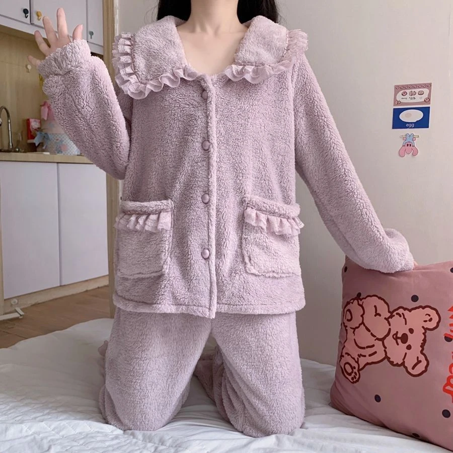 TULX公主风甜美可爱加绒加厚珊瑚绒小个子睡衣女冬季高级感套装家