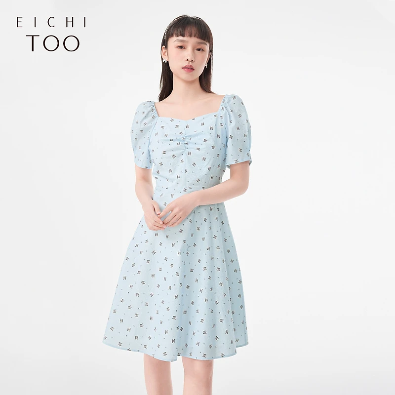 爱居兔夏季时尚印花高腰显瘦短袖连衣裙EQLBJ2N056A