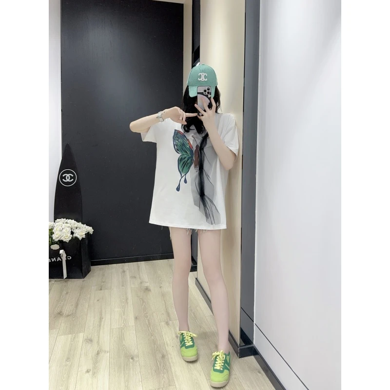 美式减龄洋气白色短袖t恤女设计感小众蝴蝶印花网纱中长款上衣ins