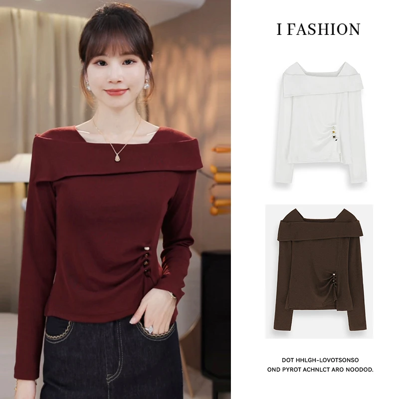 小个子韩系百搭一字肩长袖t恤女2026春秋新款设计感褶皱显瘦上衣