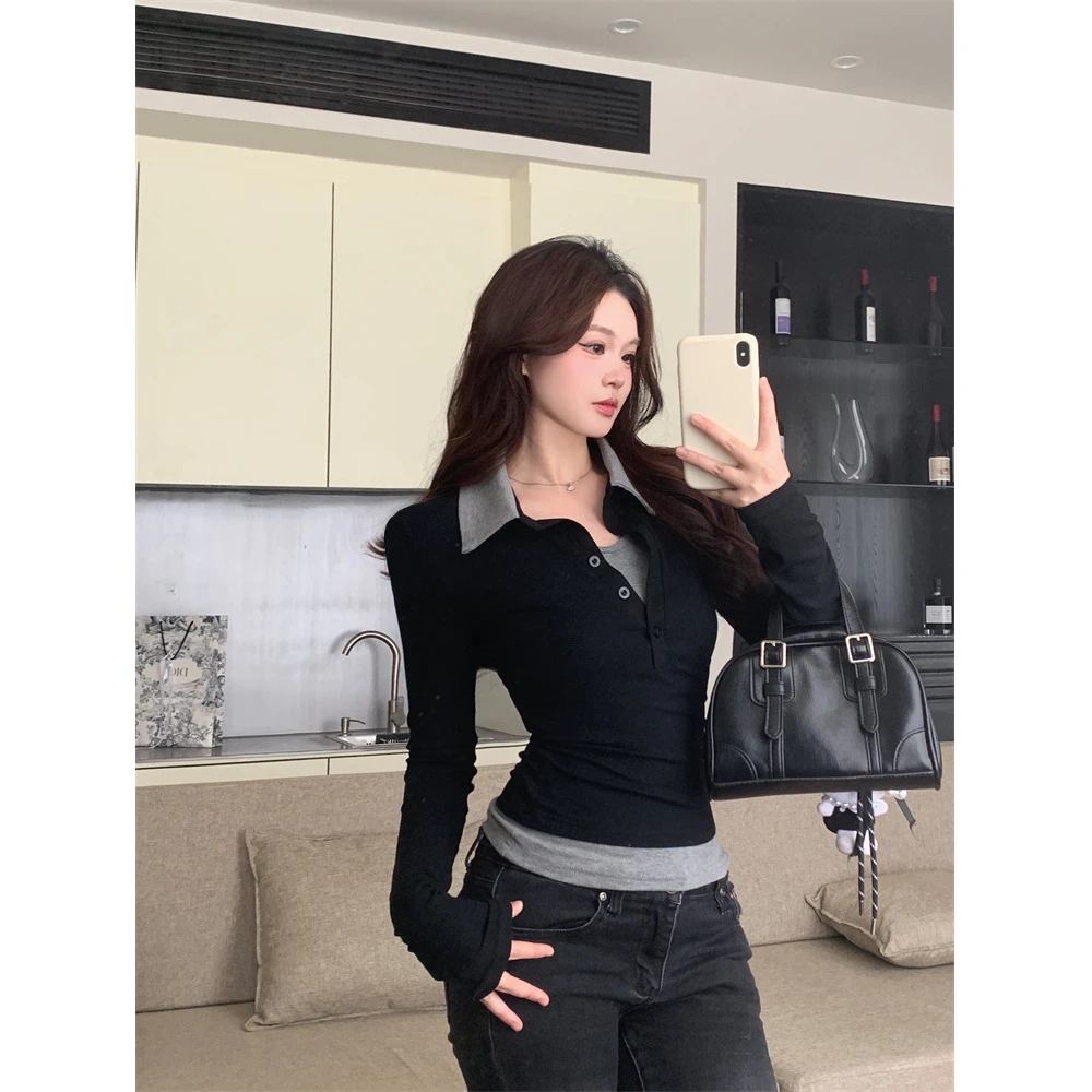 2025秋季新款大码女装假两件POLO百搭显瘦T恤胖mm长袖打底上衣