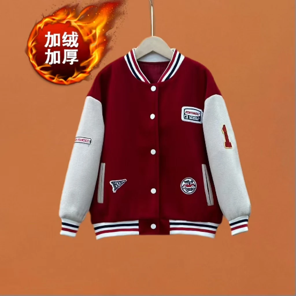A冬款加绒男女童棒球服外套儿童休闲夹克儿童一体绒开衫亲子装