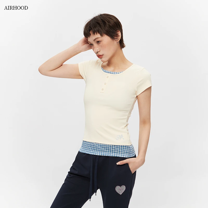AIRHOOD 纯欲格子假两件辣妹上衣女短袖修身显瘦别致小众T恤N5199