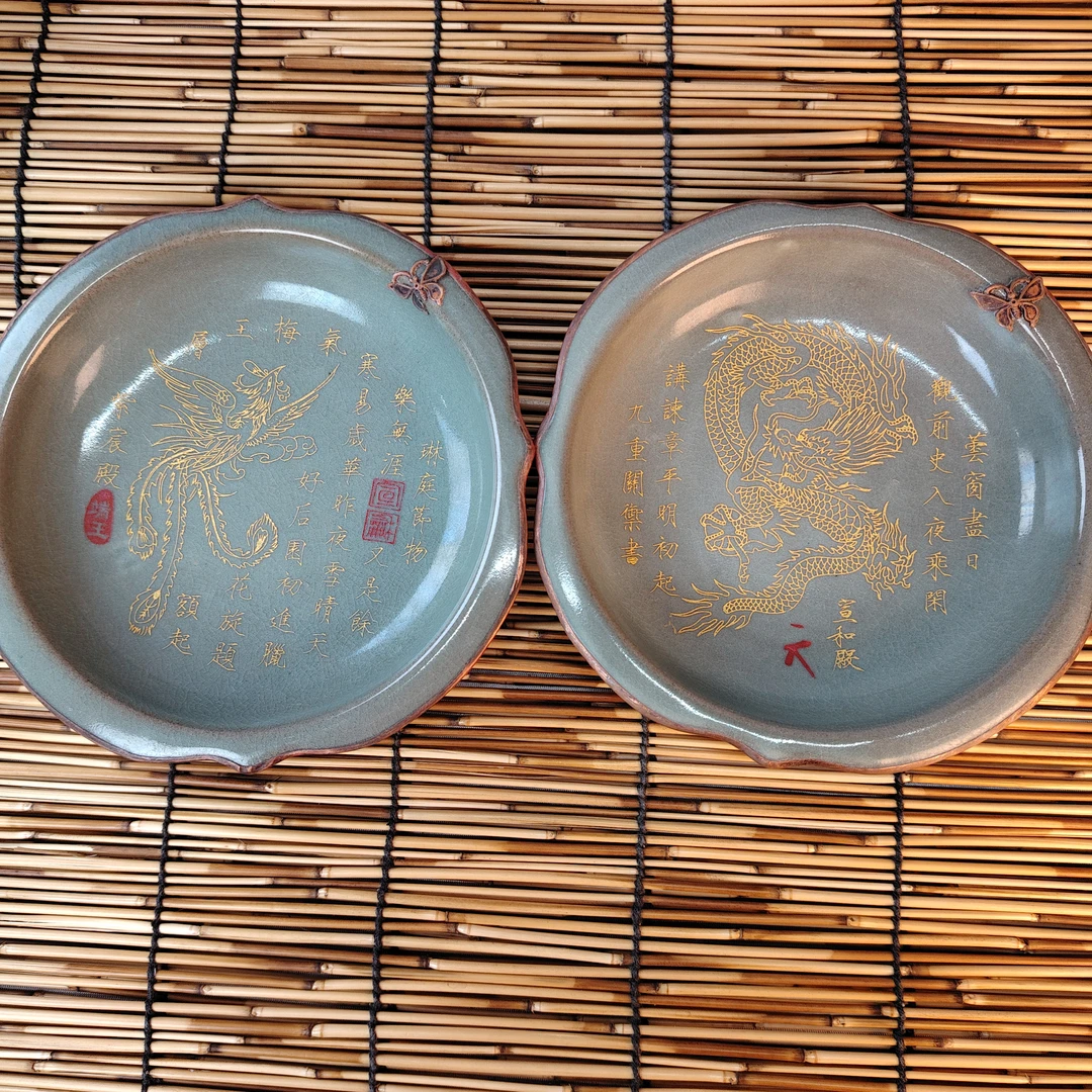 汝窑宠粉福利  描金包铜口龙凤呈祥一对