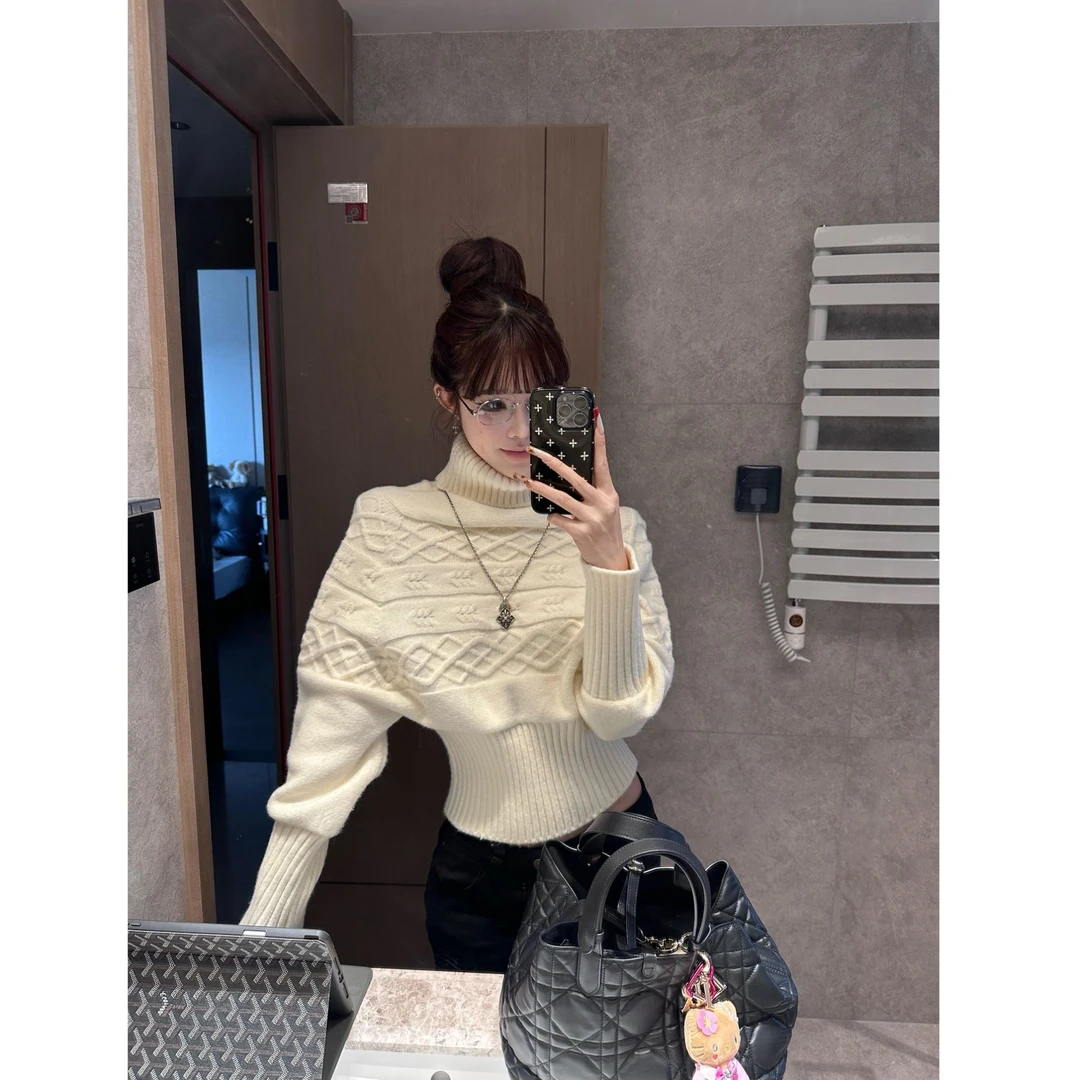 复古慵懒风高领毛衣女秋冬新款收腰显瘦针织设计感小众上衣配裤子