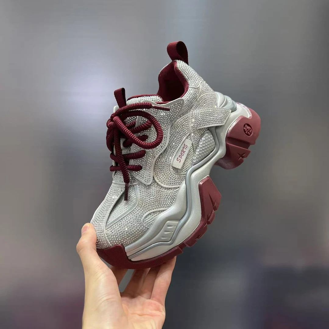 亮钻机车老爹鞋2025春款皮面拼接水钻松糕底百搭休闲鞋欧货松糕底