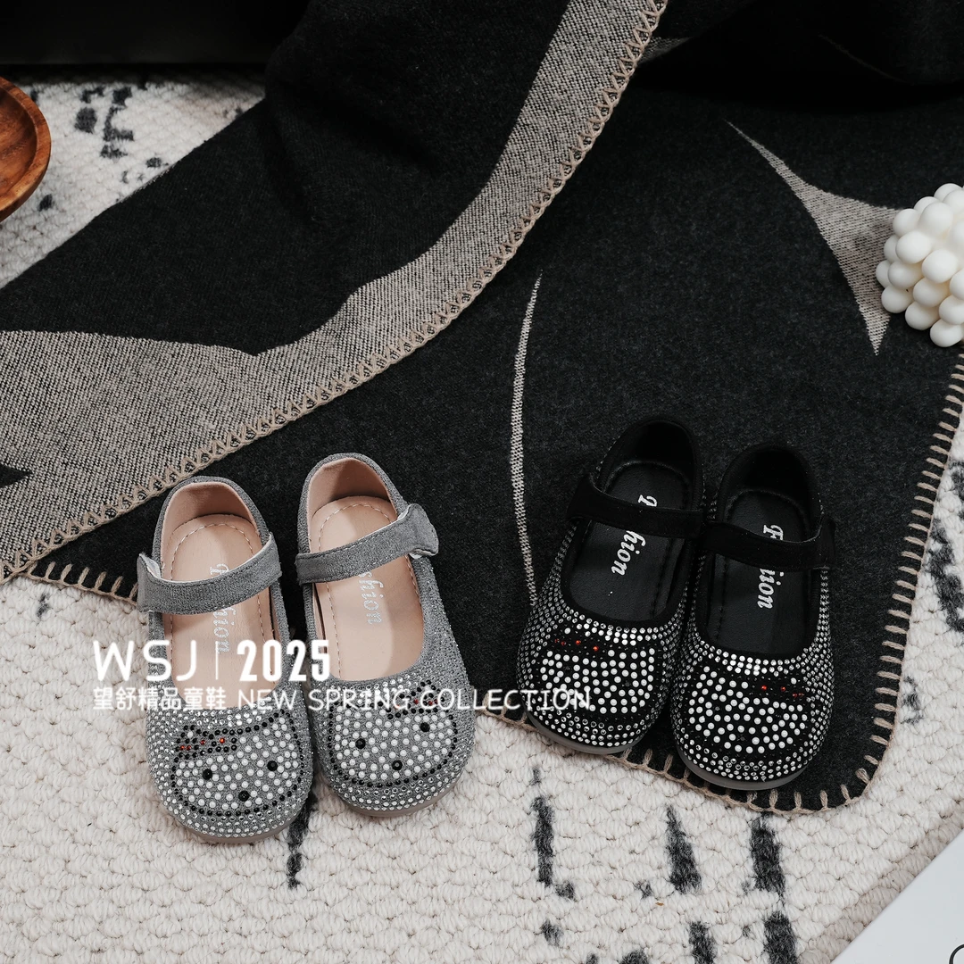 望舒家2025韩版春秋女童KT猫水钻公主单鞋洋气软底浅口小皮鞋21