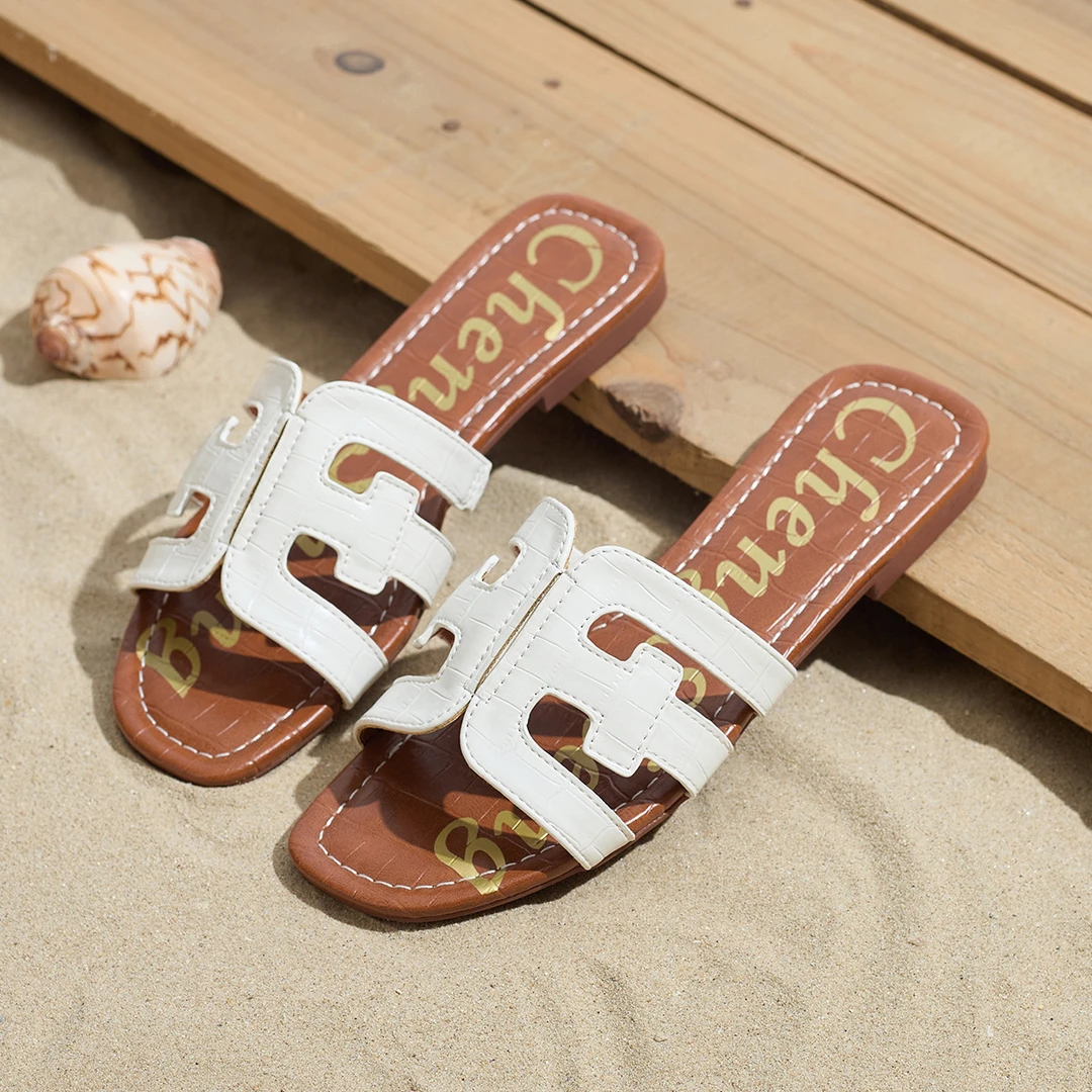 镂空休闲度假海边沙滩拖鞋平底简约凤法式一字凉拖鞋女夏外穿