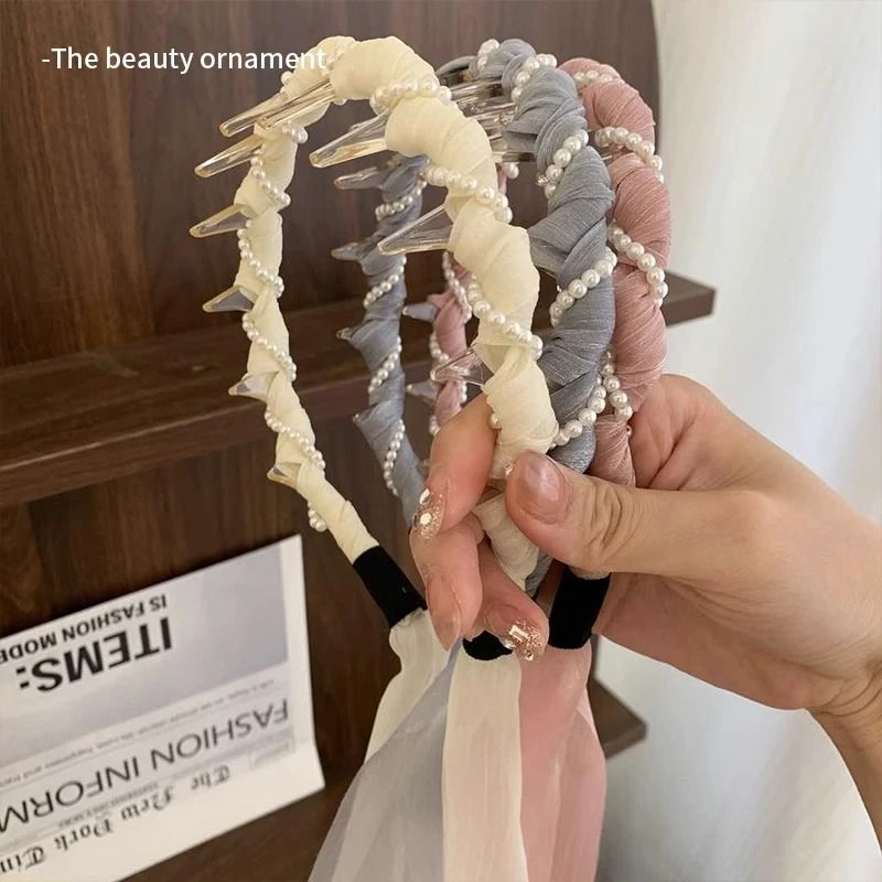 网纱珍珠飘带带齿发箍夏季绑发一体系带发卡女高颅顶防滑头箍发饰