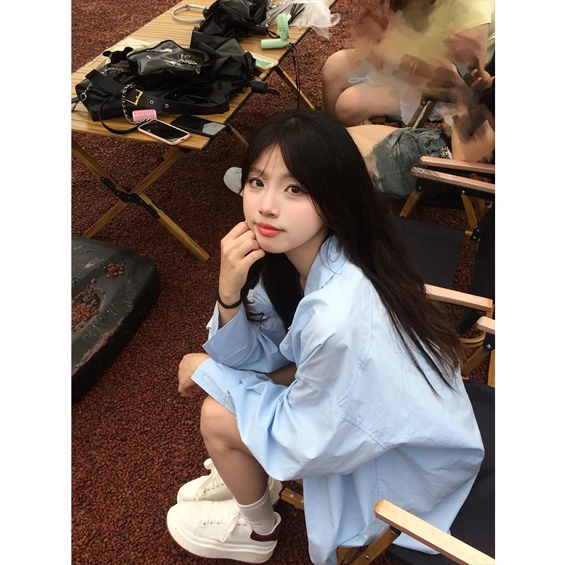 浅蓝色长袖衬衫男女春秋款阳光干净男生穿搭潮牌情侣休闲衬衣外套