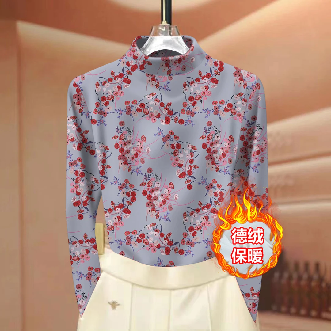 大码女装减龄秋冬德绒半高领打底衫保暖上衣套头气质百搭长袖t恤