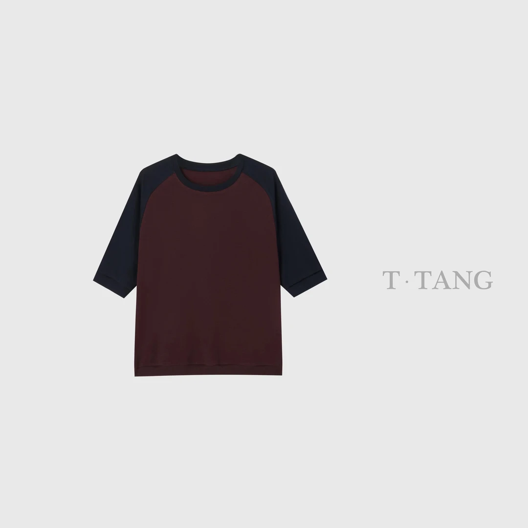 春季230g罗纹棉新款拼色插肩袖休闲减龄五分袖T恤【6659】FF