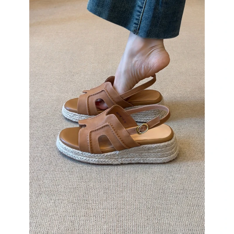 nnmiss·34-40/4.5cm草编坡跟简约复古圆头后绊带舒适厚底露趾凉鞋