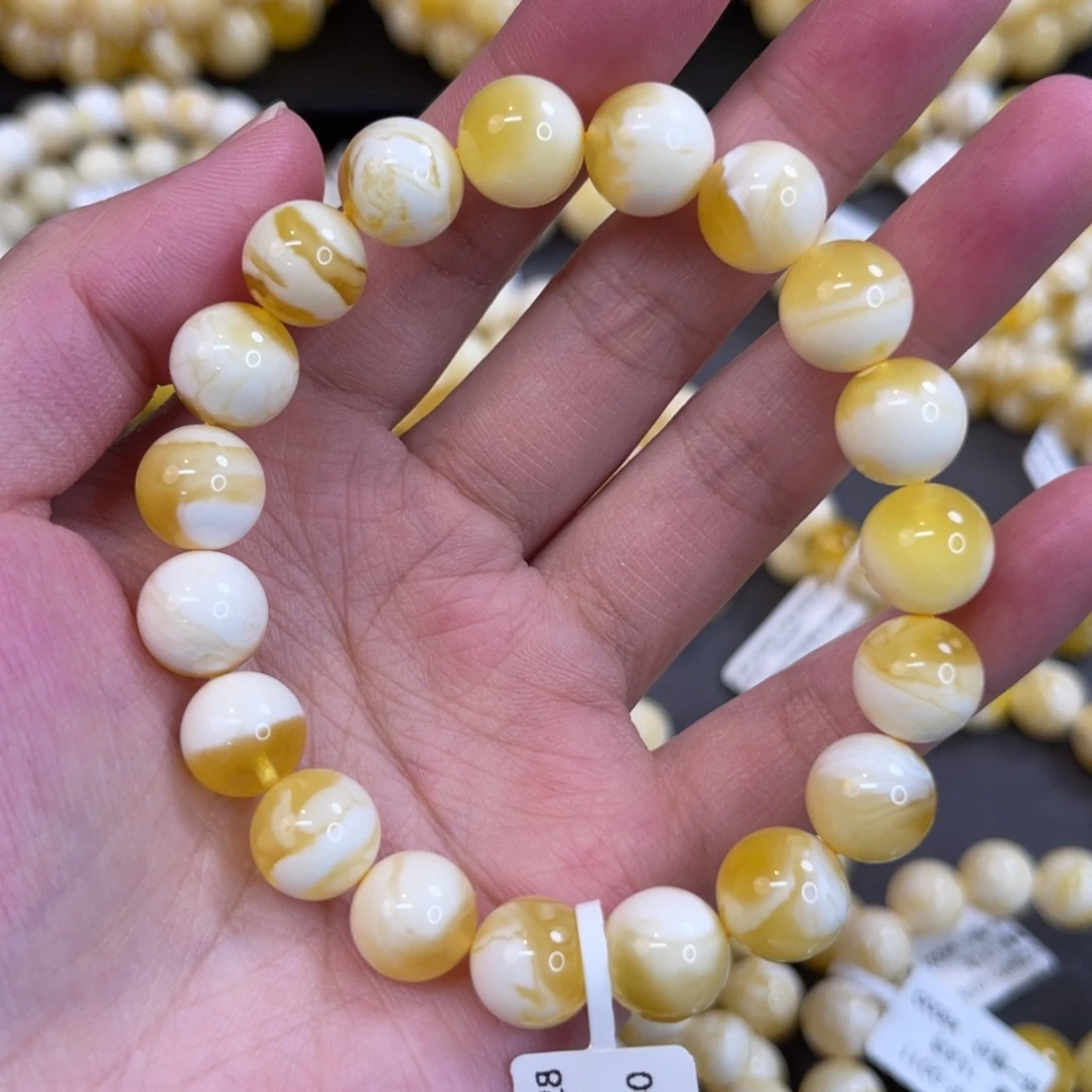 蜜蜡未镶嵌手链10.5mm金瓷白溶洞